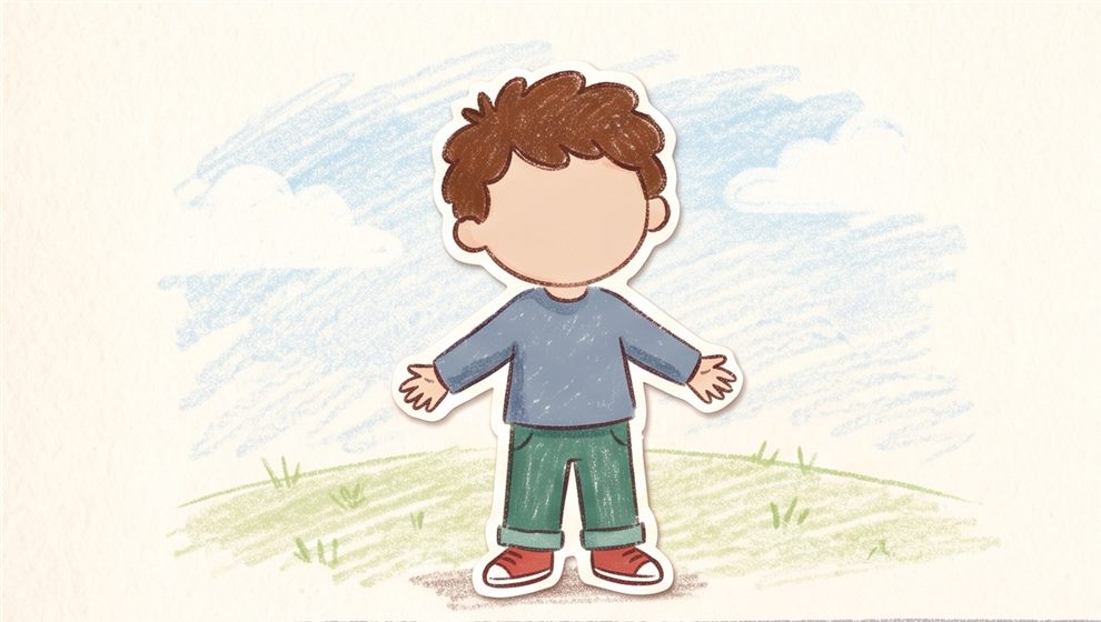 Hand-drawn illustration of Bayan, a curious little boy